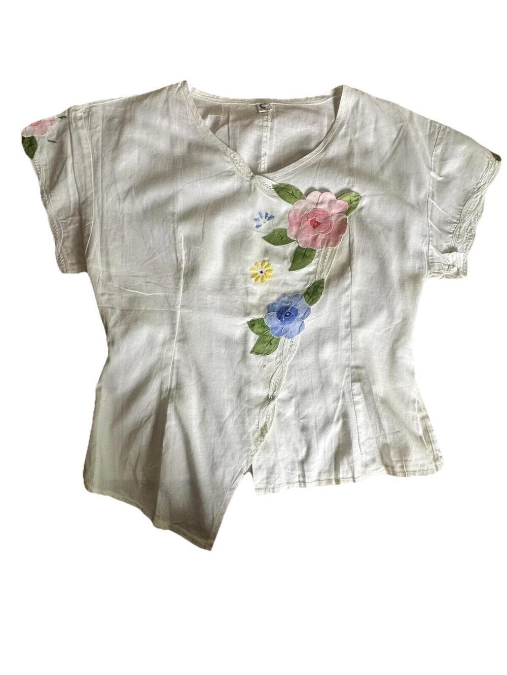 Vintage 80’s 90’s Taiwan Top Asymmetric Wrap Front Floral Appliqué Coquette Sz S